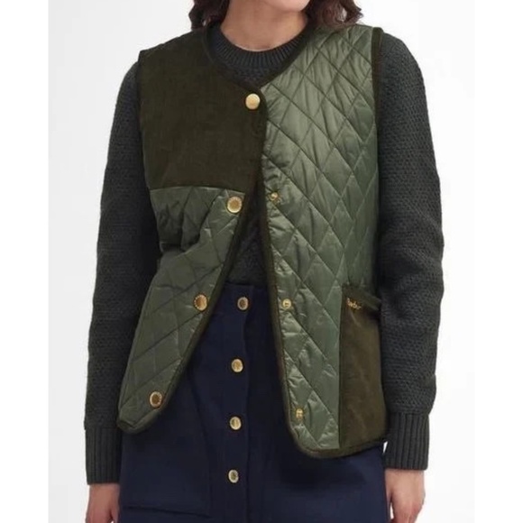 Unworn Barbour Healy Mixed Media Quilted Vest in Olive Green - Picture 1 of 11
